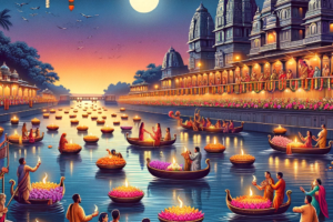 DALL·E 2023-11-21 16.29.02 – An illustration of Kartika Purnima, a vibrant Hindu festival, depicted in a vector art style. The scene includes a serene river bank under a twilight